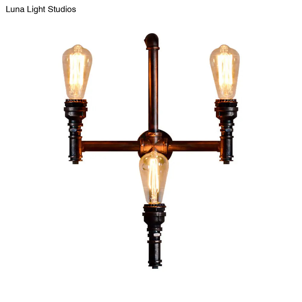 Rustic Vintage 3-Head Sconce Light: Bare Bulb Restaurant Wall Fixture With Plumbing Pipe Design