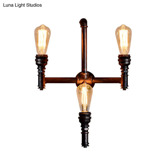 Rustic Vintage 3-Head Sconce Light: Bare Bulb Restaurant Wall Fixture With Plumbing Pipe Design