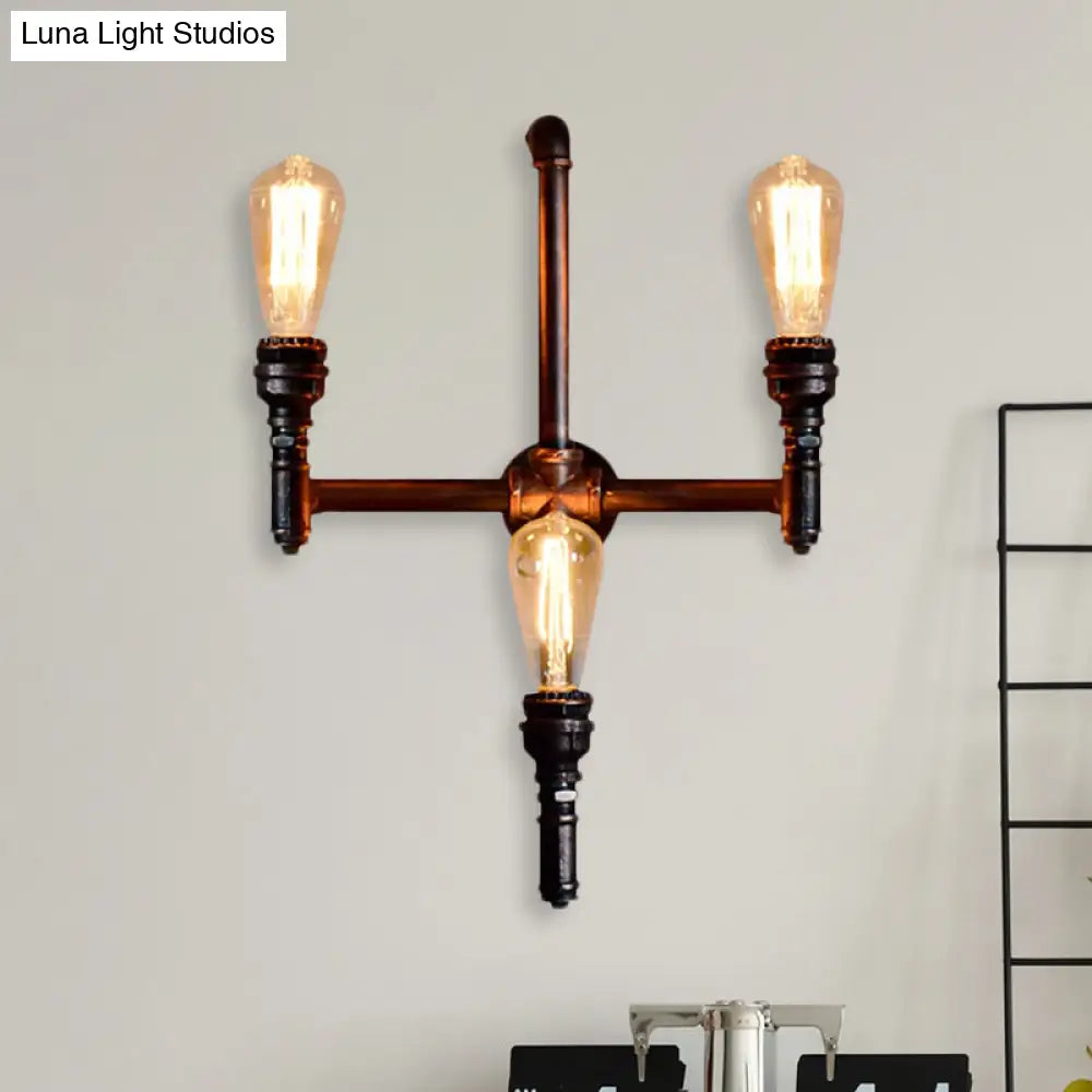 Rustic Vintage 3-Head Sconce Light: Bare Bulb Restaurant Wall Fixture With Plumbing Pipe Design