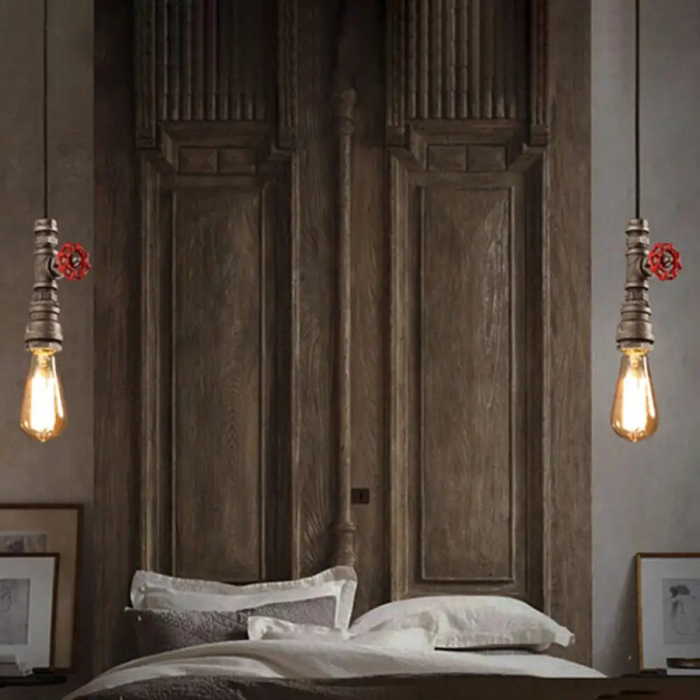 Rustic Vintage Pendant Light With Exposed Bulb: Metallic Hanging Lamp Decorative Valve For Bedroom