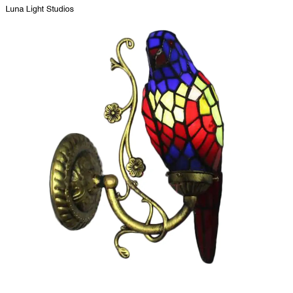 Rustic Vintage Red/Blue Parrot Stained Glass Wall Light Sconce In Brass