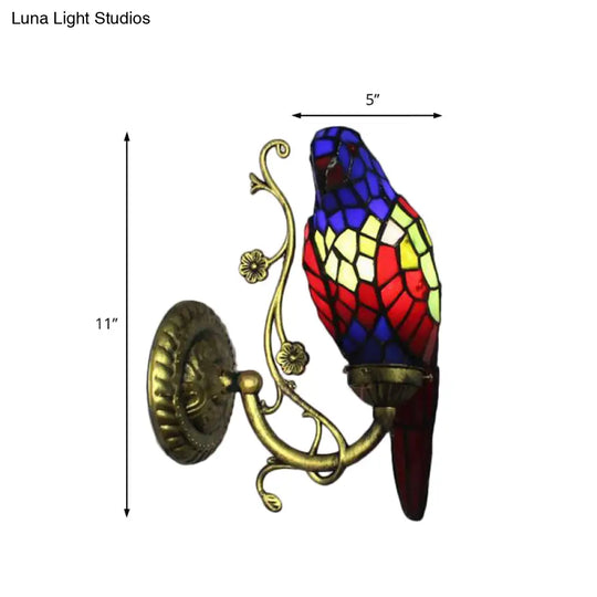 Rustic Vintage Red/Blue Parrot Stained Glass Wall Light Sconce In Brass