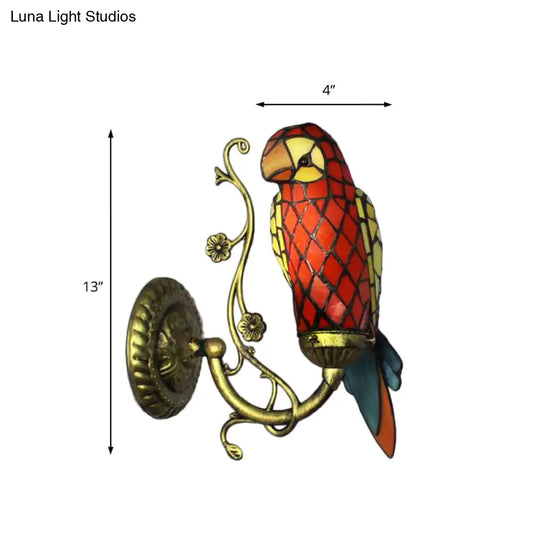 Rustic Vintage Red/Blue Parrot Stained Glass Wall Light Sconce In Brass