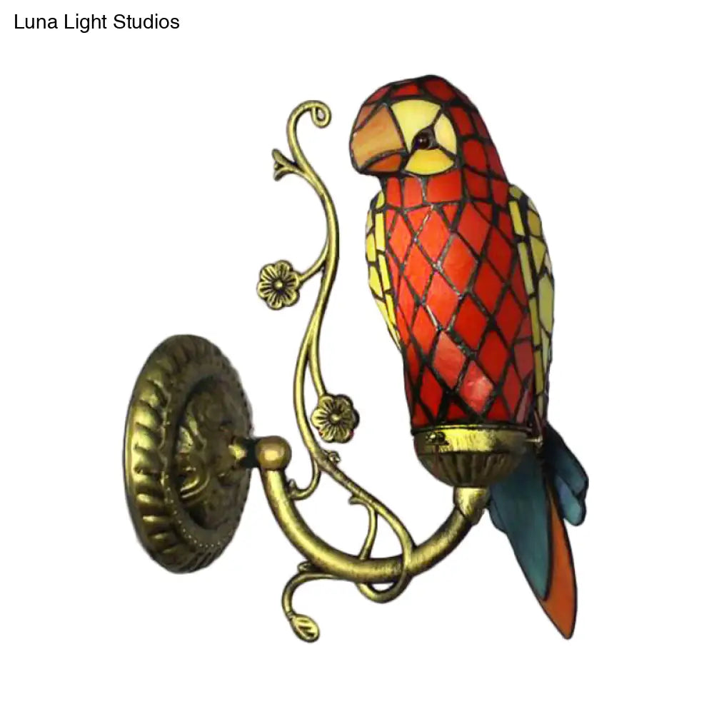 Rustic Vintage Red/Blue Parrot Stained Glass Wall Light Sconce In Brass