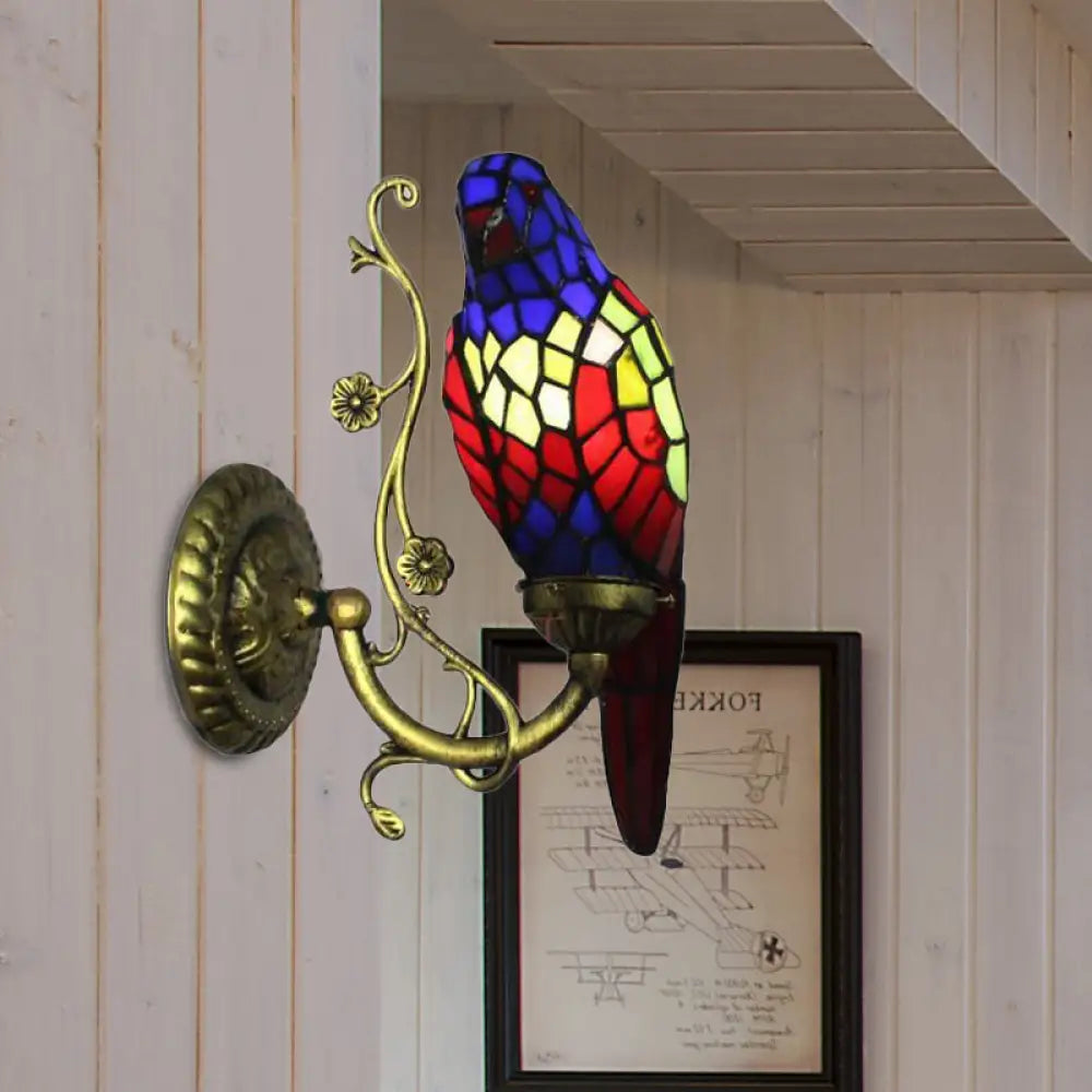 Rustic Vintage Red/Blue Parrot Stained Glass Wall Light Sconce In Brass Blue