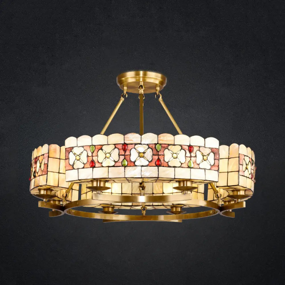 Rustic Vintage Stained Glass Chandelier - 8 - Light Flower Pendant In Brass Beige