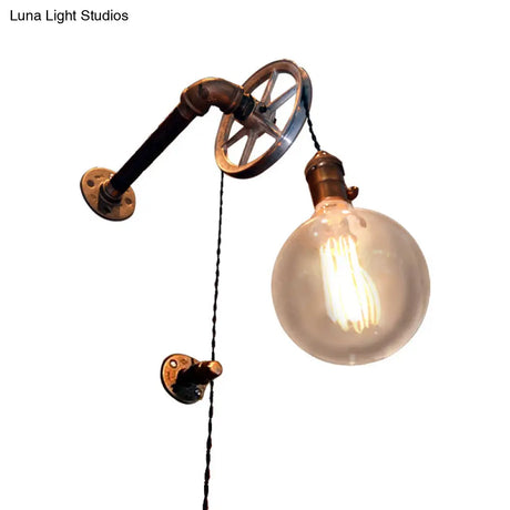 Rustic Vintage Style Pulley Wall Light With Bare Bulb - 1 Iron Sconce For Farmhouse Décor
