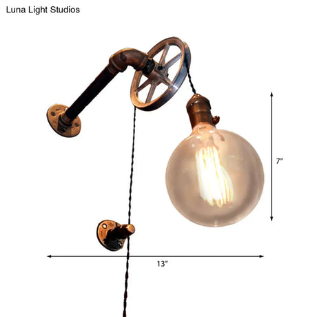 Rustic Vintage Style Pulley Wall Light With Bare Bulb - 1 Iron Sconce For Farmhouse Décor