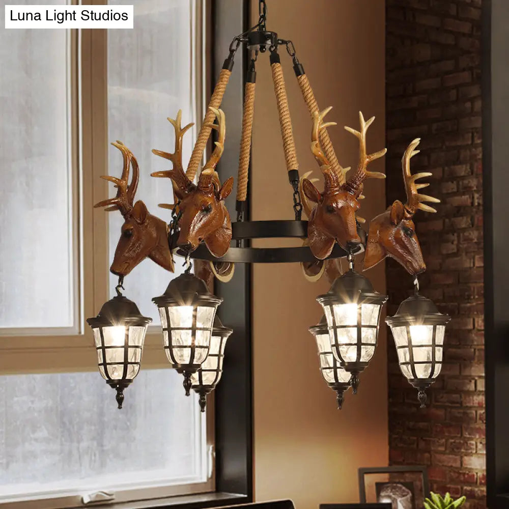 Rustic Wagon Wheel Deer Head Chandelier - 6 Bulb Resin Hanging Lamp In Brown