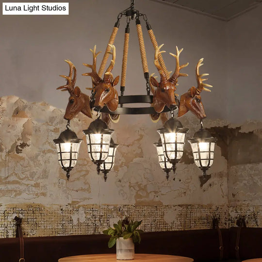 Rustic Wagon Wheel Deer Head Chandelier - 6 Bulb Resin Hanging Lamp In Brown