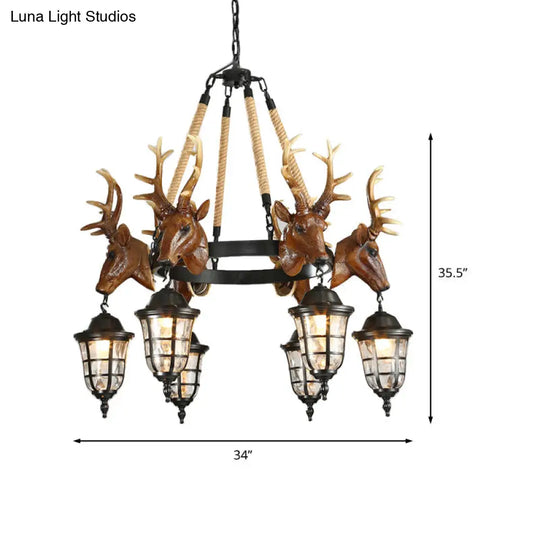 Rustic Wagon Wheel Deer Head Chandelier - 6 Bulb Resin Hanging Lamp In Brown