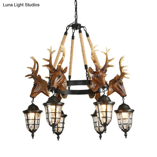 Rustic Wagon Wheel Deer Head Chandelier - 6 Bulb Resin Hanging Lamp In Brown