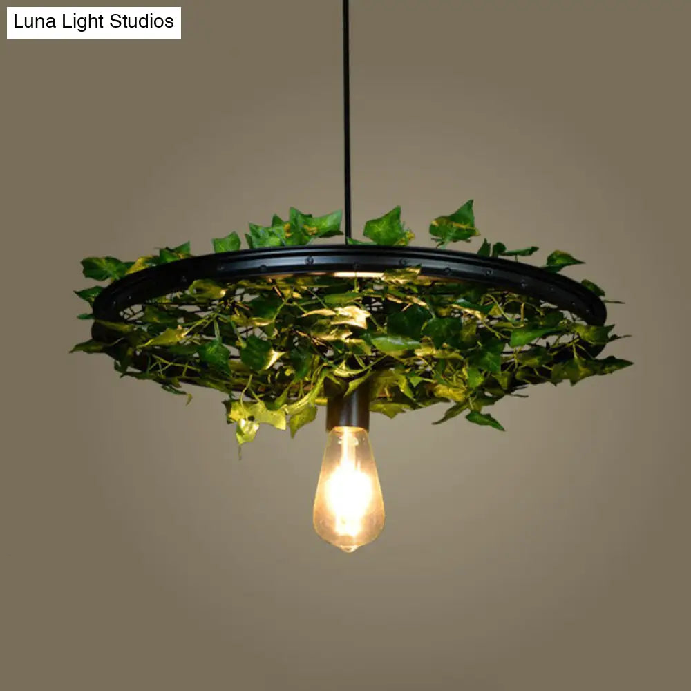 Vintage Industrial Wagon Wheel Pendant Light With Single-Bulb Iron Suspension Artistic Plant Design