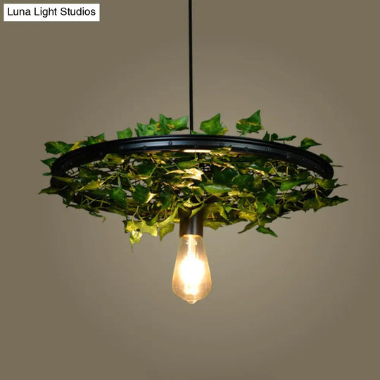 Vintage Industrial Wagon Wheel Pendant Light With Single-Bulb Iron Suspension Artistic Plant Design