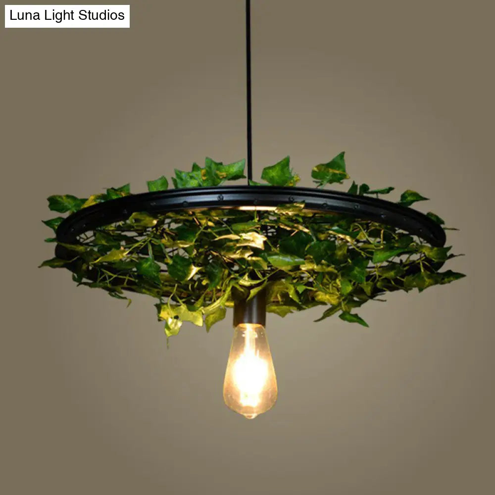 Vintage Industrial Wagon Wheel Pendant Light With Single-Bulb Iron Suspension Artistic Plant Design