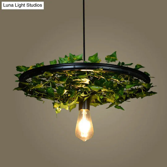 Vintage Industrial Wagon Wheel Pendant Light With Single-Bulb Iron Suspension Artistic Plant Design