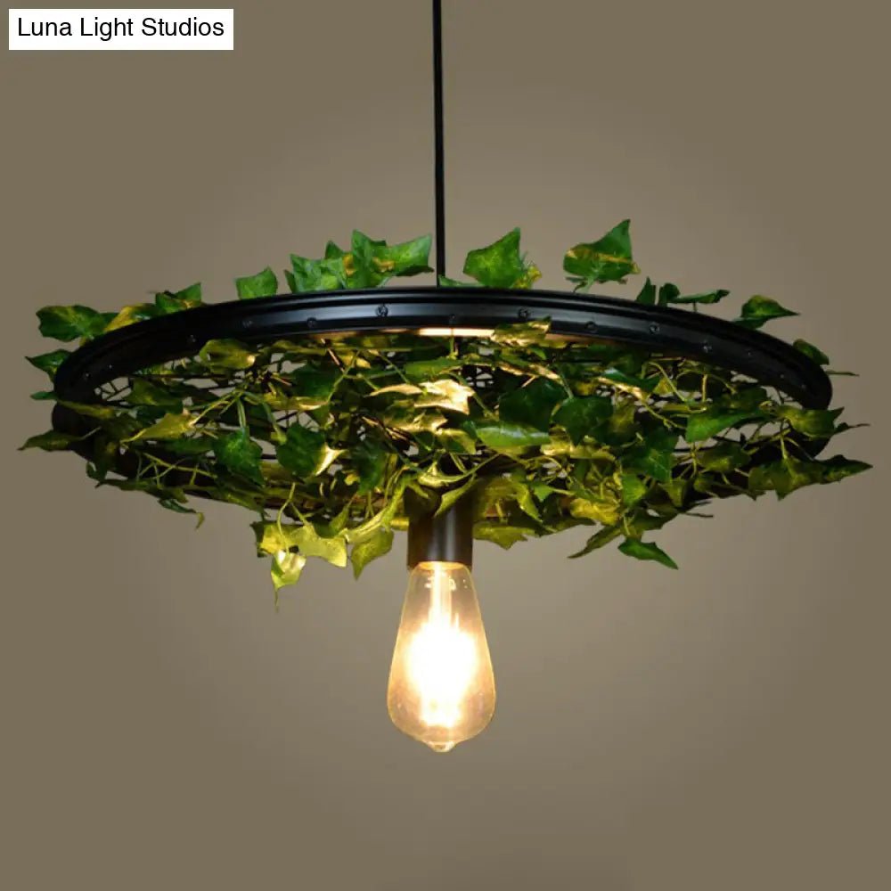 Vintage Industrial Wagon Wheel Pendant Light With Single-Bulb Iron Suspension Artistic Plant Design