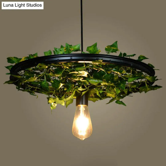 Vintage Industrial Wagon Wheel Pendant Light With Single-Bulb Iron Suspension Artistic Plant Design