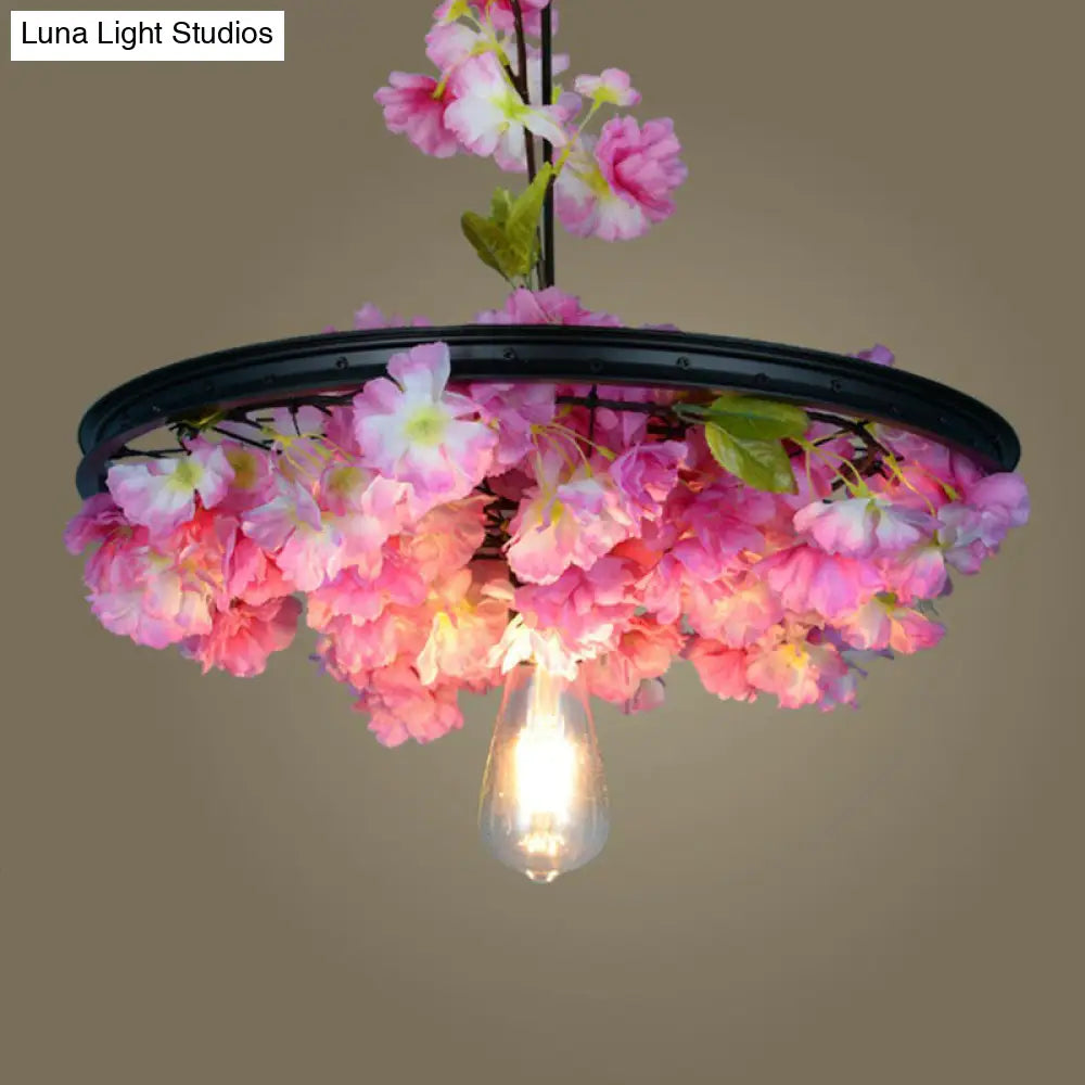 Vintage Industrial Wagon Wheel Pendant Light With Single-Bulb Iron Suspension Artistic Plant Design