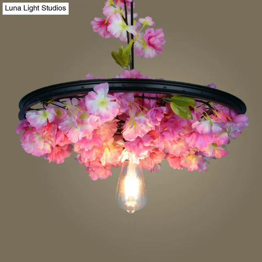 Vintage Industrial Wagon Wheel Pendant Light With Single-Bulb Iron Suspension Artistic Plant Design