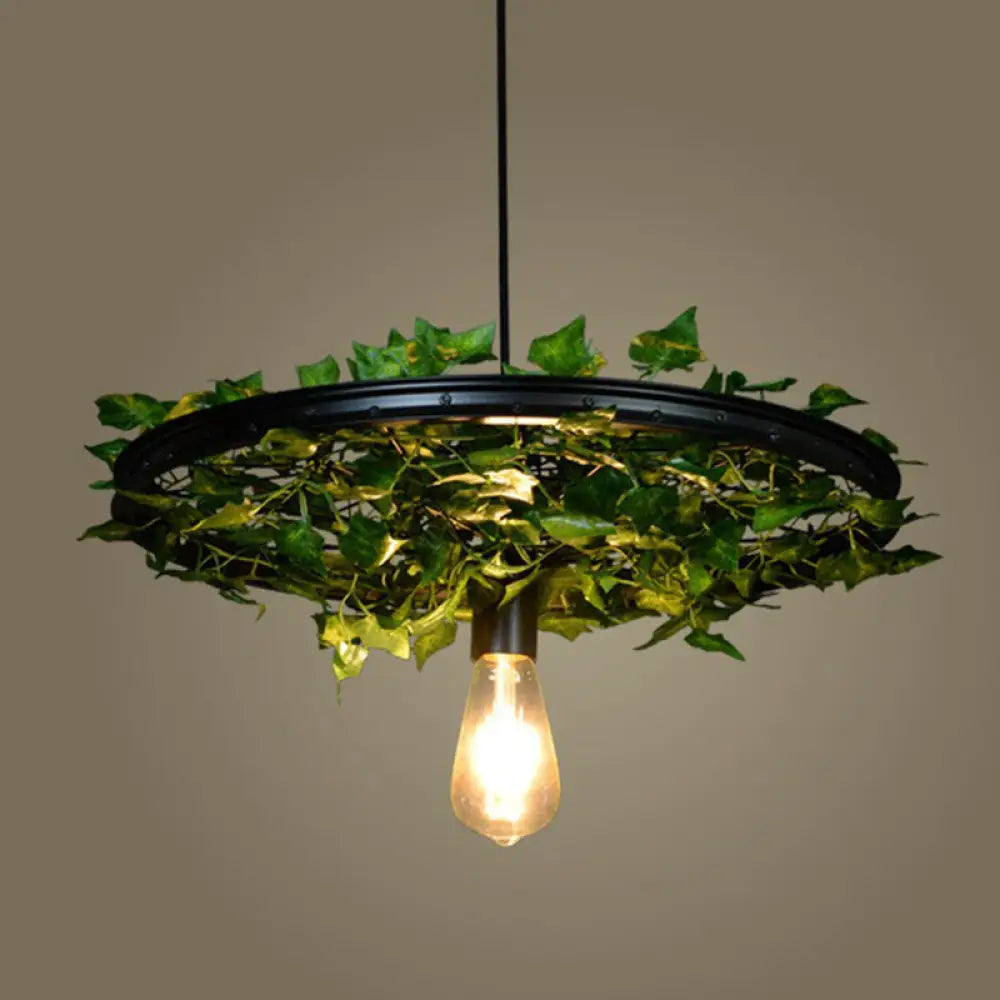 Rustic Wagon Wheel Pendant Light With Iron Suspension And Artistic Plant Design Black / 15’