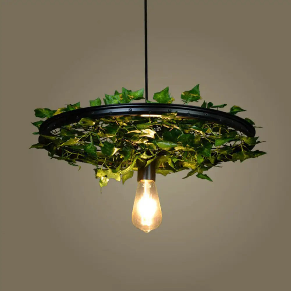 Rustic Wagon Wheel Pendant Light With Iron Suspension And Artistic Plant Design Black / 19’