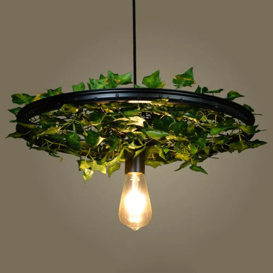 Rustic Wagon Wheel Pendant Light With Iron Suspension And Artistic Plant Design Black / 23’