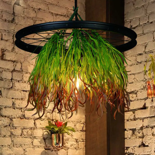 Rustic Wagon Wheel Pendant Light With Iron Suspension And Artistic Plant Design Green-Yellow / 15’