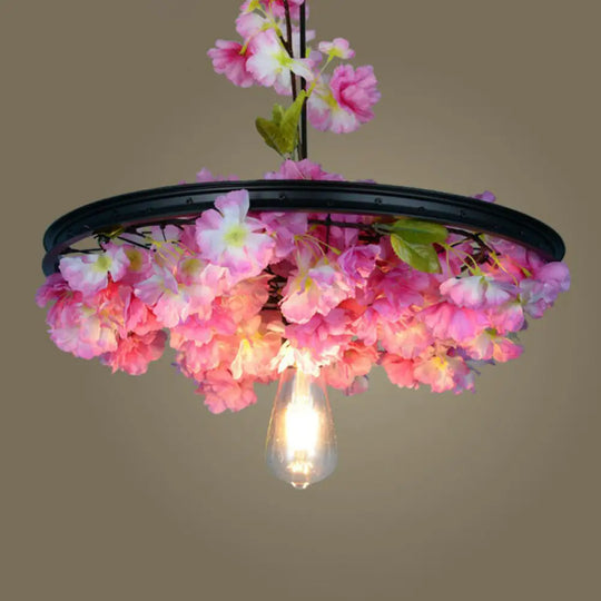 Rustic Wagon Wheel Pendant Light With Iron Suspension And Artistic Plant Design Pink / 15’