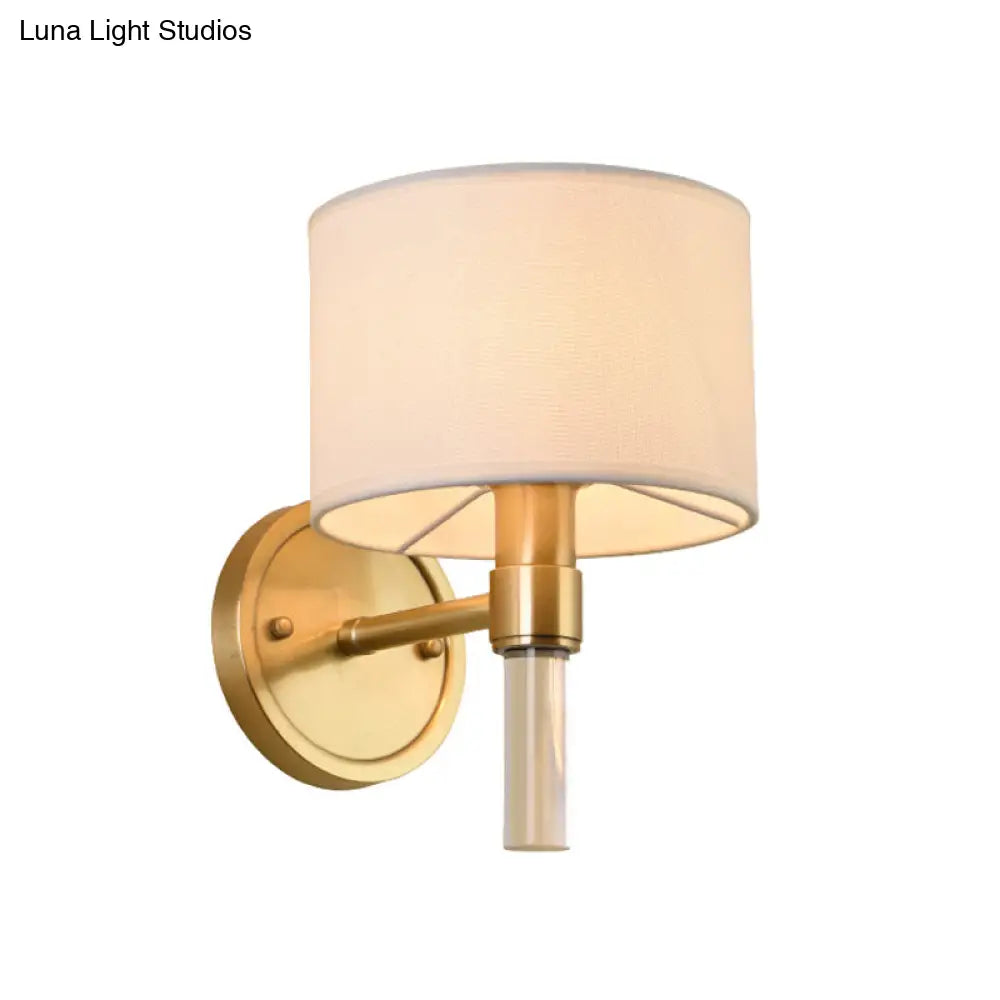 Rustic Wall Mounted Lamp With Fabric Drum Shade - Brass Sconce Lighting For Living Room