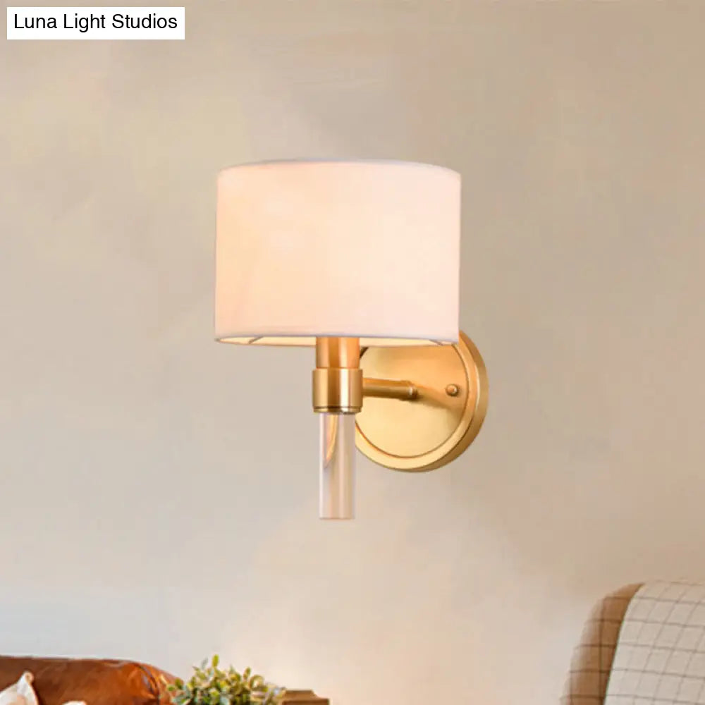 Rustic Wall Mounted Lamp With Fabric Drum Shade - Brass Sconce Lighting For Living Room