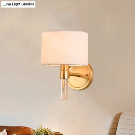 Rustic Wall Mounted Lamp With Fabric Drum Shade - Brass Sconce Lighting For Living Room