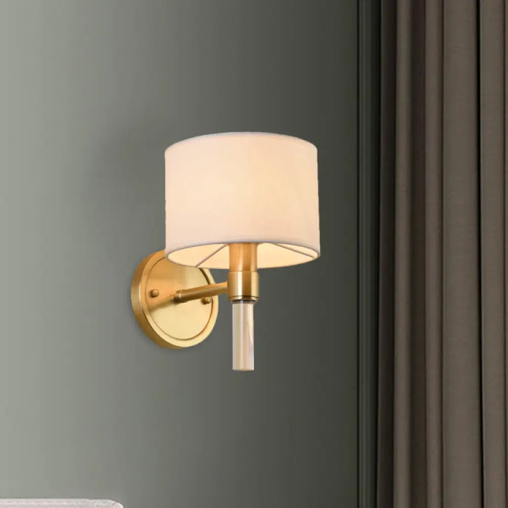 Rustic Wall Mounted Lamp With Fabric Drum Shade - Brass Sconce Lighting For Living Room