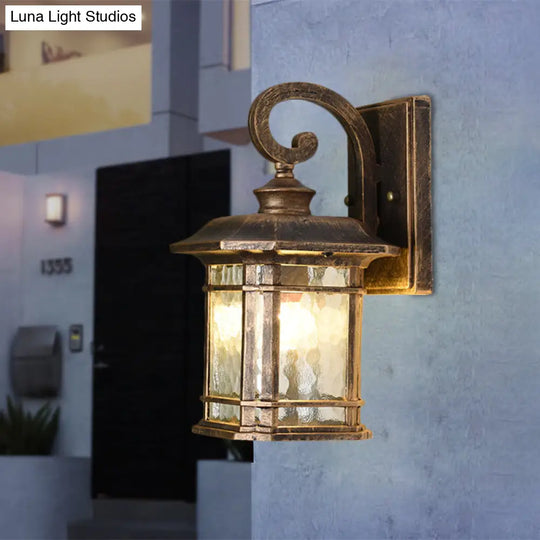 Rustic Water Glass Lantern Wall Mount Light - 8.5/10.5 Width Black/Brass Doorway Lamp