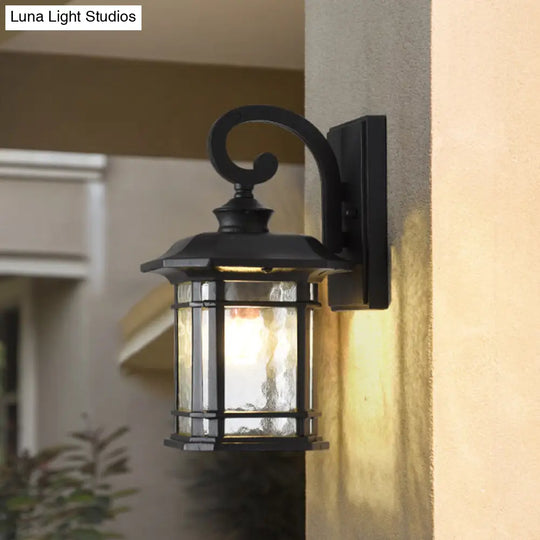 Rustic Water Glass Lantern Wall Mount Light - 8.5/10.5 Width Black/Brass Doorway Lamp