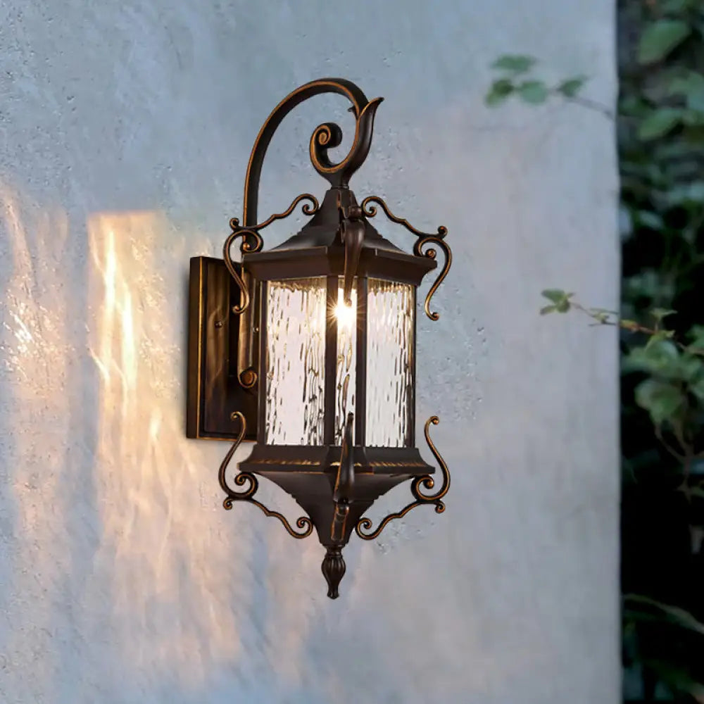 Rustic Water Glass Wall Sconce With Metal Scrolled Arm Single Bulb Coffee Lantern