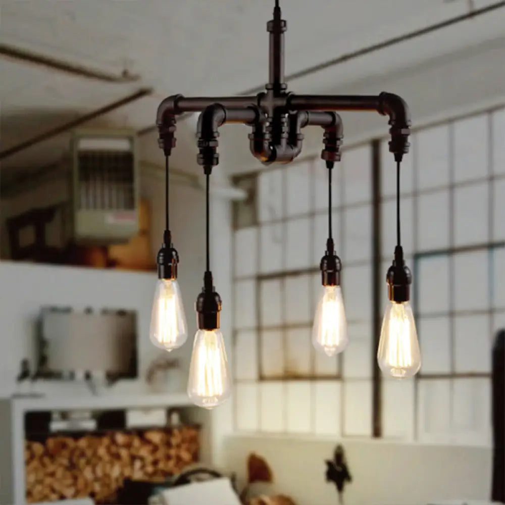 Rustic Water Pipe Ceiling Light With 4 Bulbs - Antique Bronze/Black Wrought Iron Chandelier Lamp