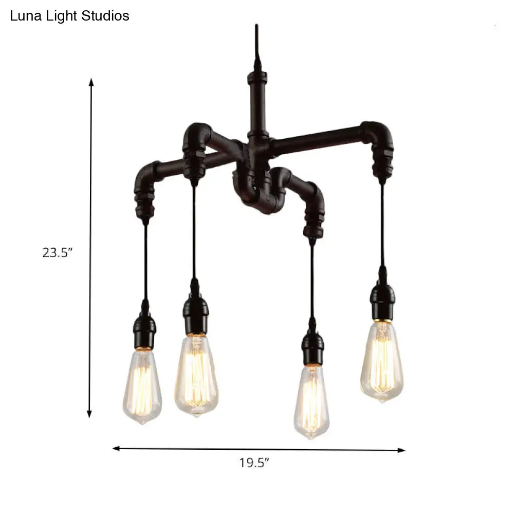 Rustic Water Pipe Ceiling Light: 4-Bulb Antique Bronze And Black Wrought Iron Chandelier