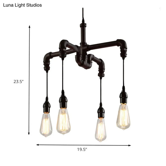 Rustic Water Pipe Ceiling Light: 4-Bulb Antique Bronze And Black Wrought Iron Chandelier