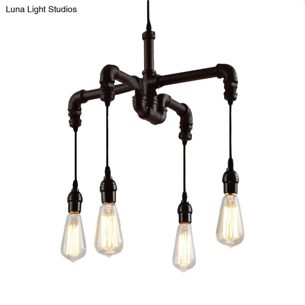 Rustic Water Pipe Ceiling Light With 4 Bulbs - Antique Bronze/Black Wrought Iron Chandelier Lamp