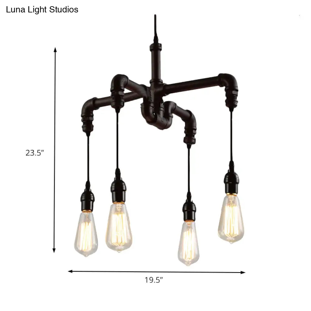 Rustic Water Pipe Ceiling Light With 4 Bulbs - Antique Bronze/Black Wrought Iron Chandelier Lamp