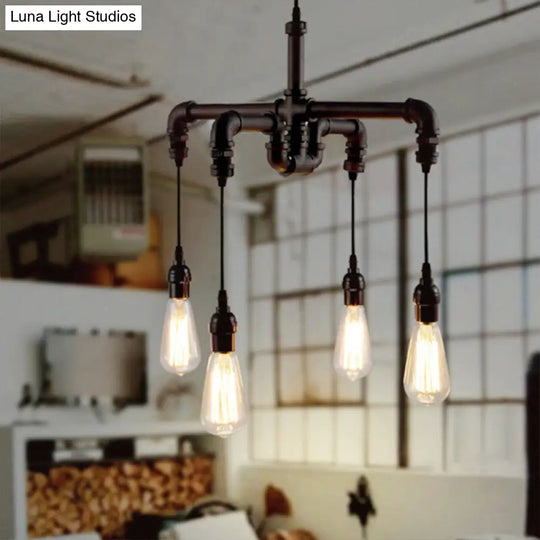 Rustic Water Pipe Ceiling Light: 4-Bulb Antique Bronze And Black Wrought Iron Chandelier