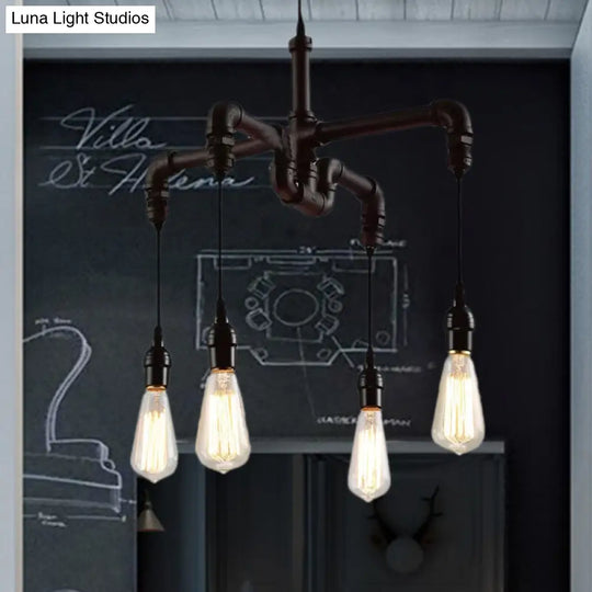 Rustic Water Pipe Ceiling Light: 4-Bulb Antique Bronze And Black Wrought Iron Chandelier