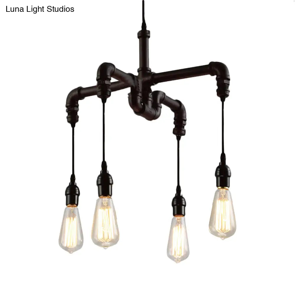 Rustic Water Pipe Ceiling Light: 4-Bulb Antique Bronze And Black Wrought Iron Chandelier