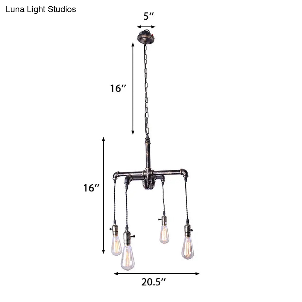 Rustic Water Pipe Ceiling Light With 4 Bulbs - Antique Bronze/Black Wrought Iron Chandelier Lamp