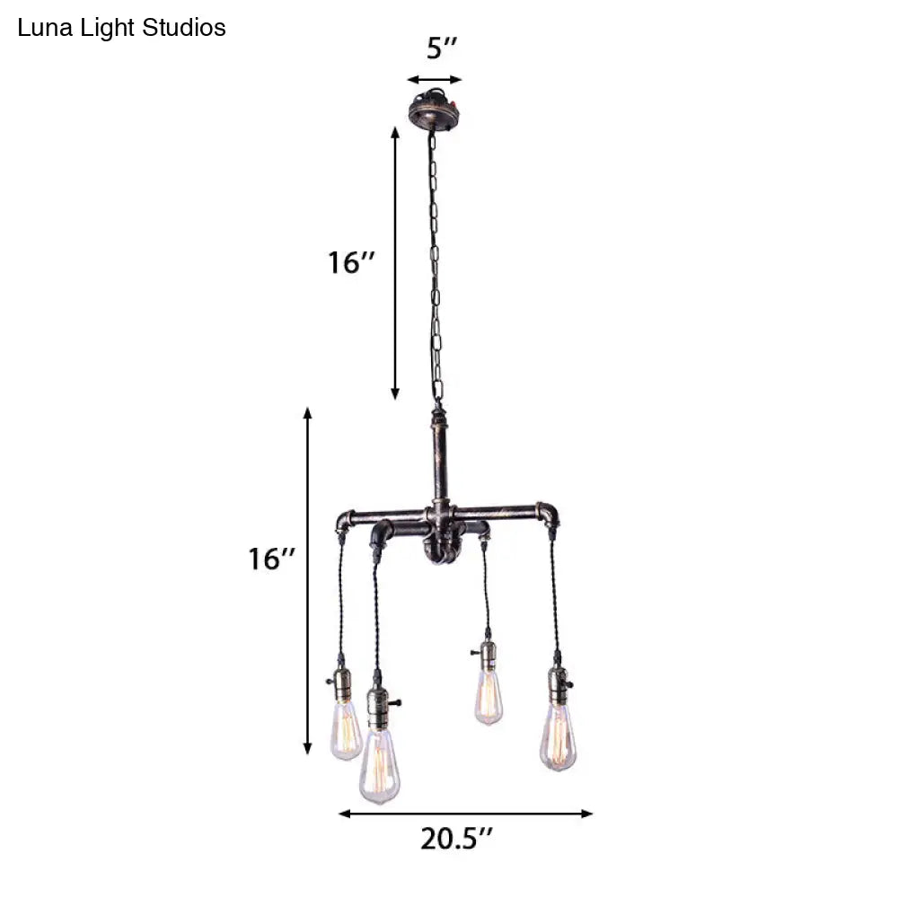 Rustic Water Pipe Ceiling Light: 4-Bulb Antique Bronze And Black Wrought Iron Chandelier