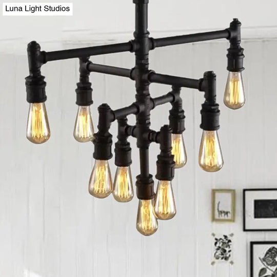 Farmhouse Style Rust Metal Chandelier Lamp - Tiered Pendant Light Fixture With Water Pipe Design