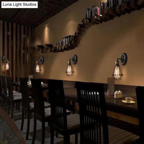 Rustic Weathered Brass Iron Wall Sconce Lighting - Caged Mini Lamp For Dining Room