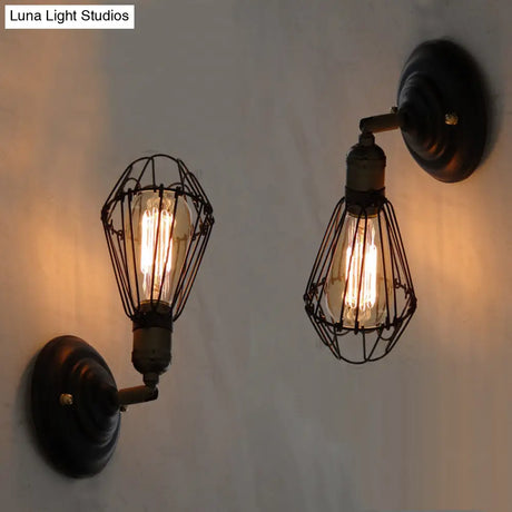 Rustic Weathered Brass Iron Wall Sconce Lighting - Caged Mini Lamp For Dining Room