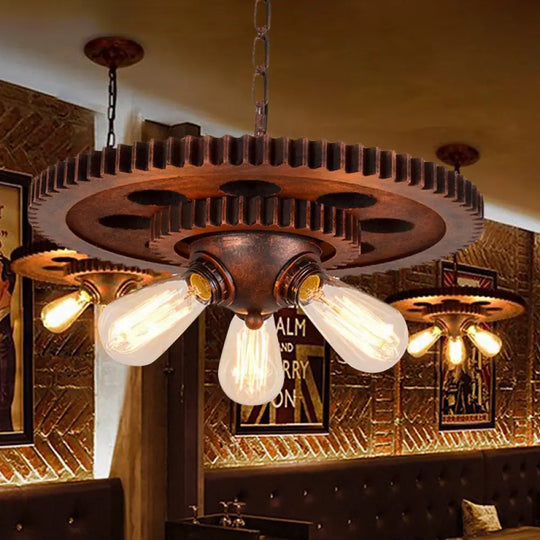 Rustic Weathered Copper Chandelier With Open Bulb And Gear Design – Perfect For Retro Restaurant